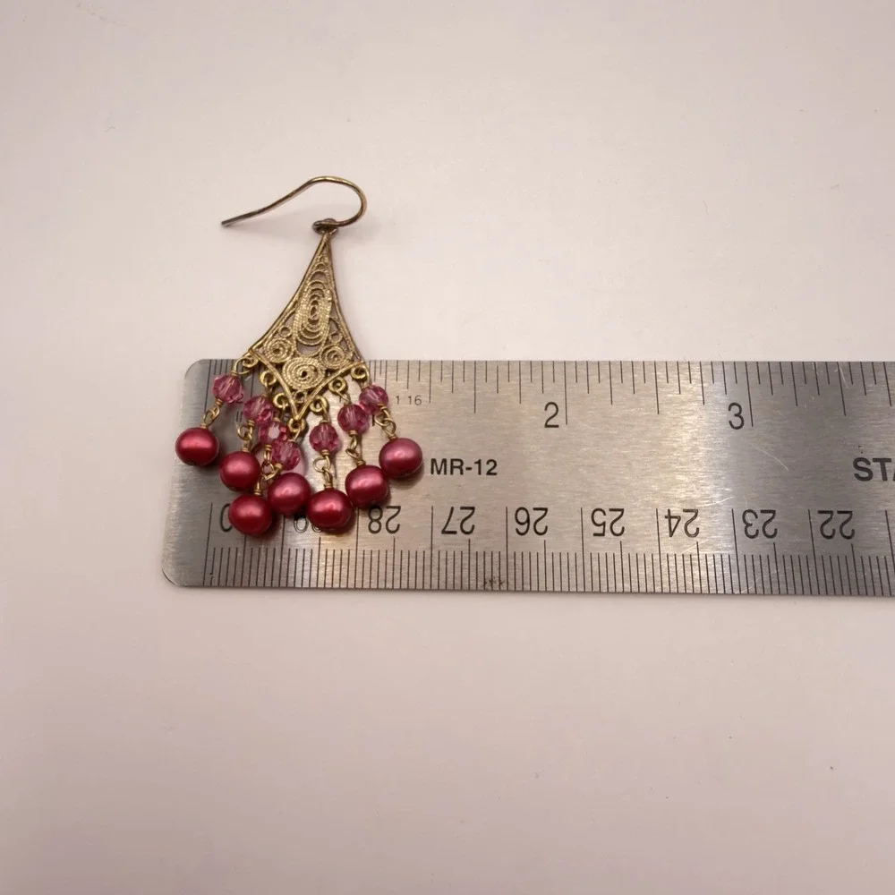 Vintage Sterling Silver Filigree Chandelier Earrings Pink Cultured Pearl Vermail